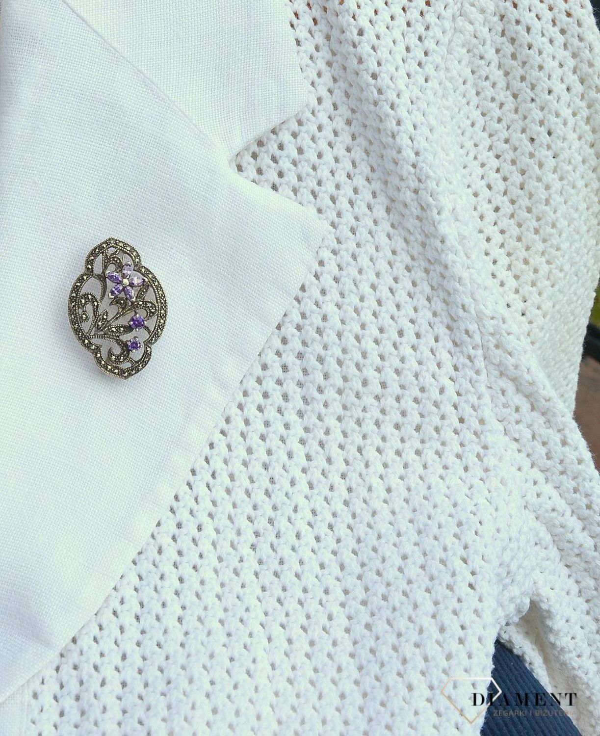 Srebrna broszka markazyty i fioletowa cyrkonia BRO 104.jpg